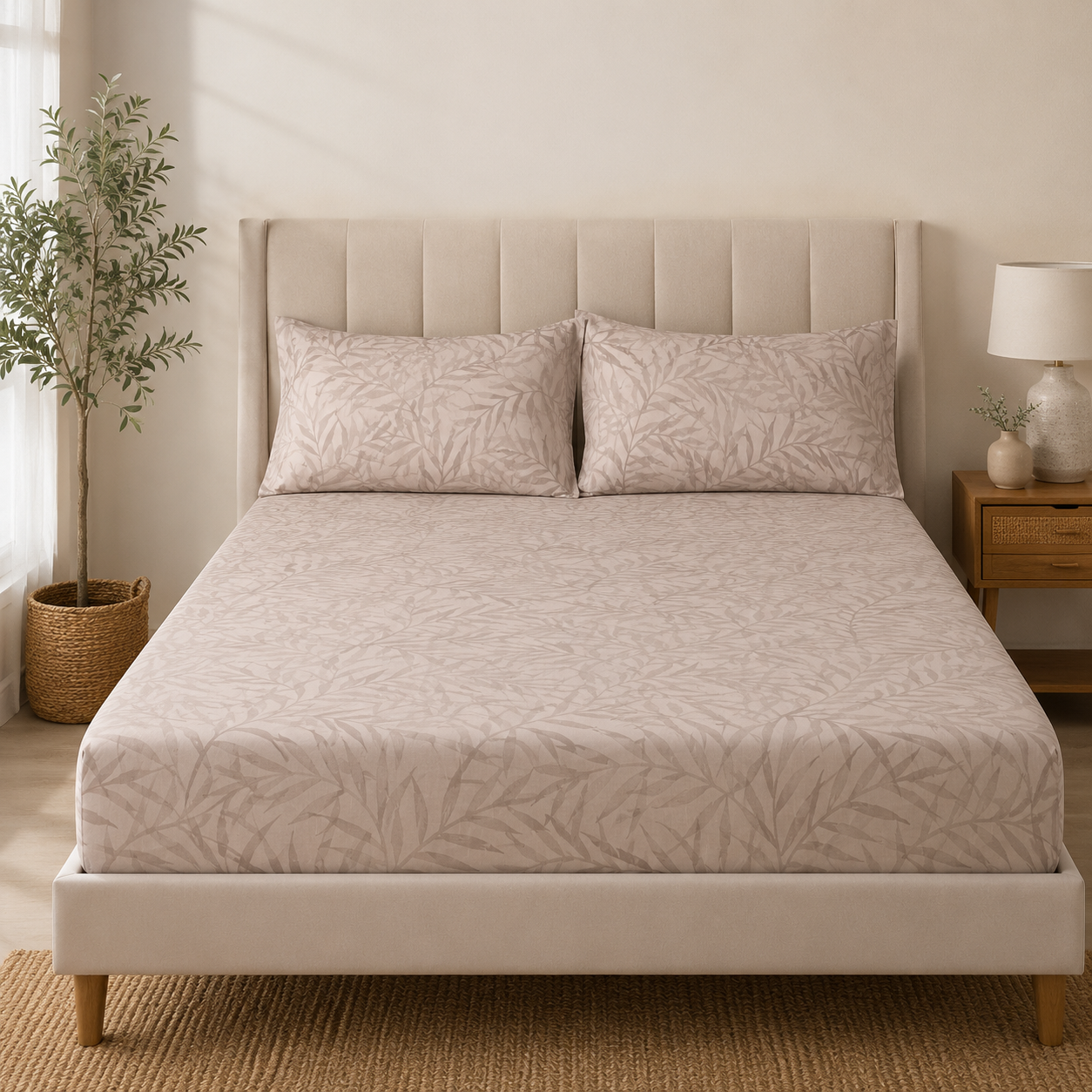 Aarniva 100% Cotton Bedsheet Set | King/Queen | Soft & Breathable | Palm Leaf | 4-Piece Set