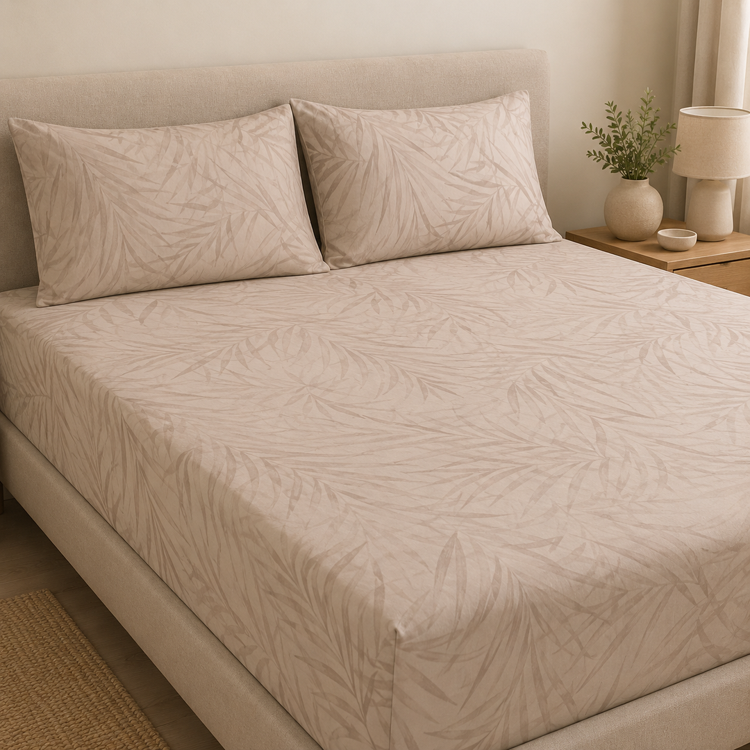 Aarniva 100% Cotton Bedsheet Set | King/Queen | Soft & Breathable | Palm Leaf | 4-Piece Set