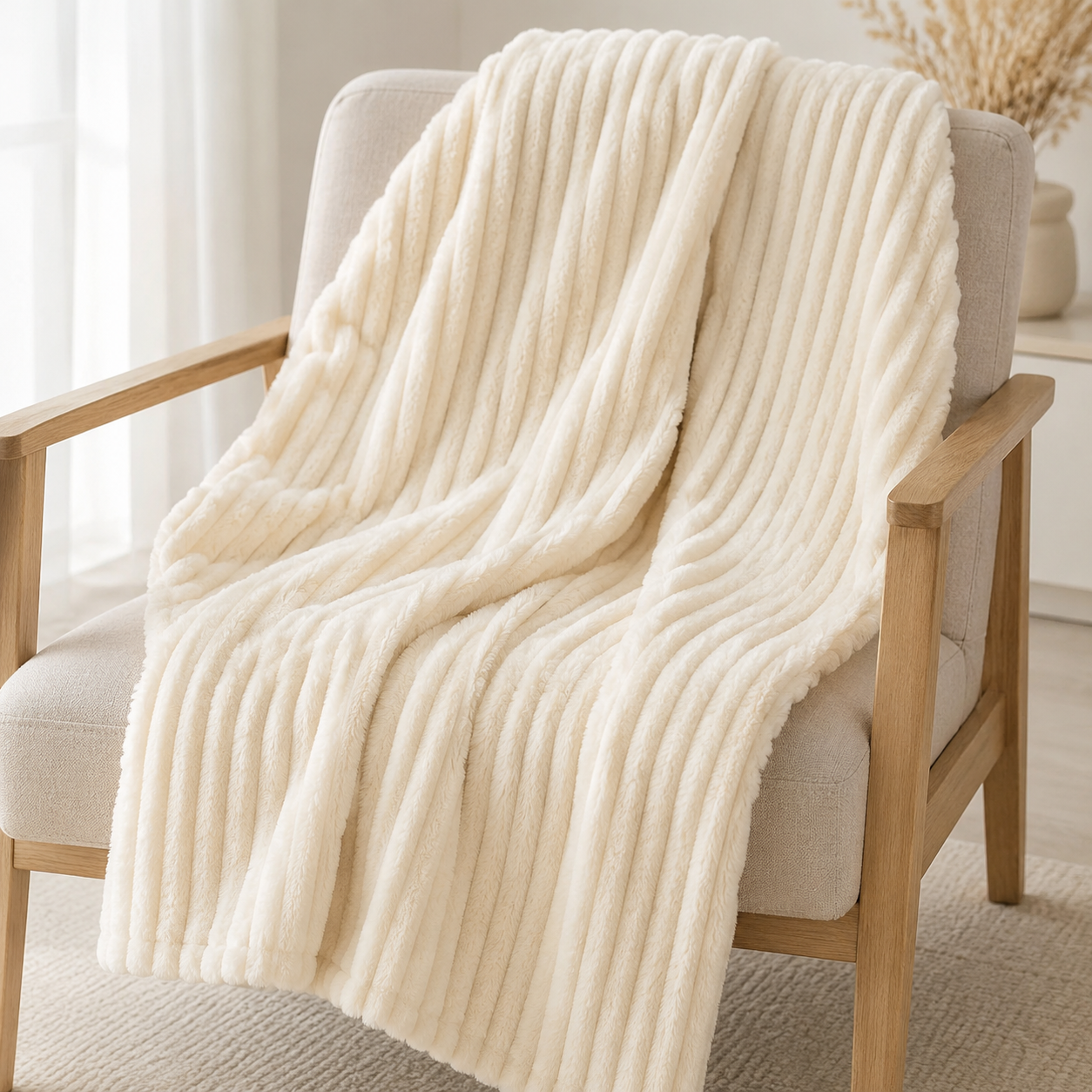 Aarniva Soft Flannel Throw Blanket | Ribbed Texture | Ultra-Soft & Cozy | Ivory | 1-Piece