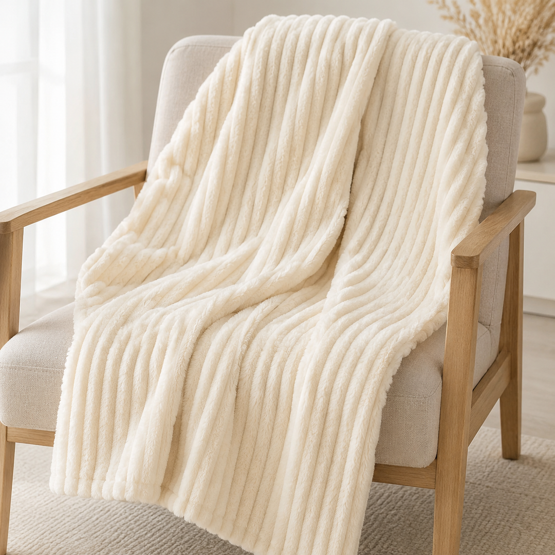 Aarniva Soft Flannel Throw Blanket | Ribbed Texture | Ultra-Soft & Cozy | Ivory | 1-Piece