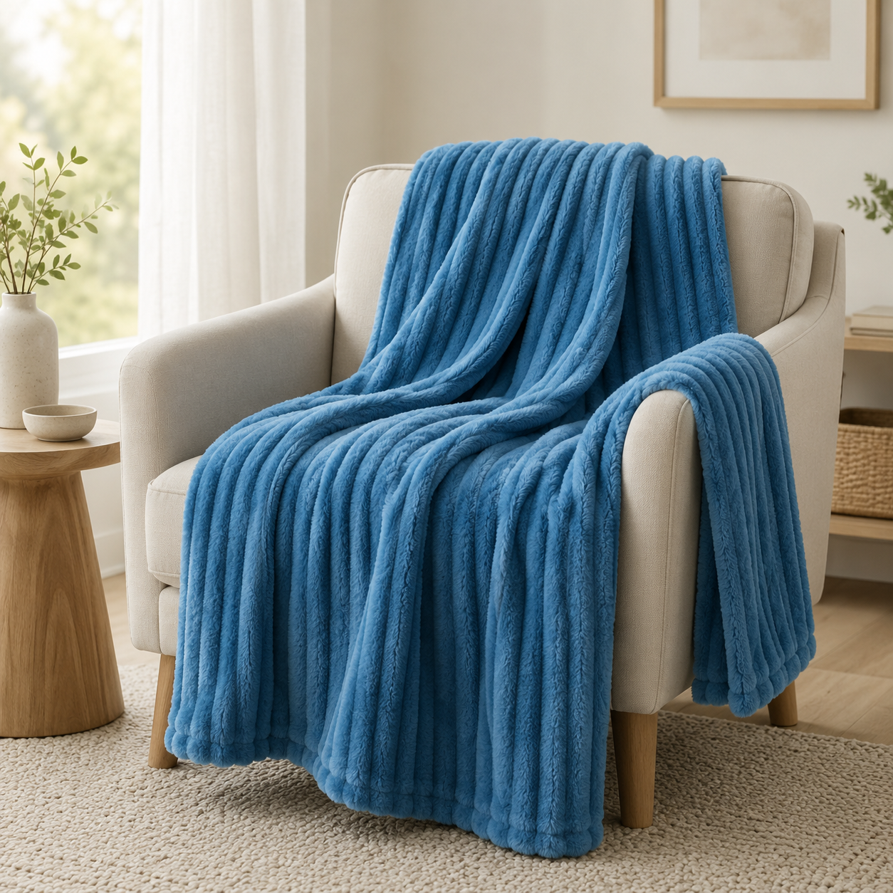 Aarniva Soft Flannel Throw Blanket | Ribbed Texture | Ultra-Soft & Cozy | Sky Blue | 1-Piece