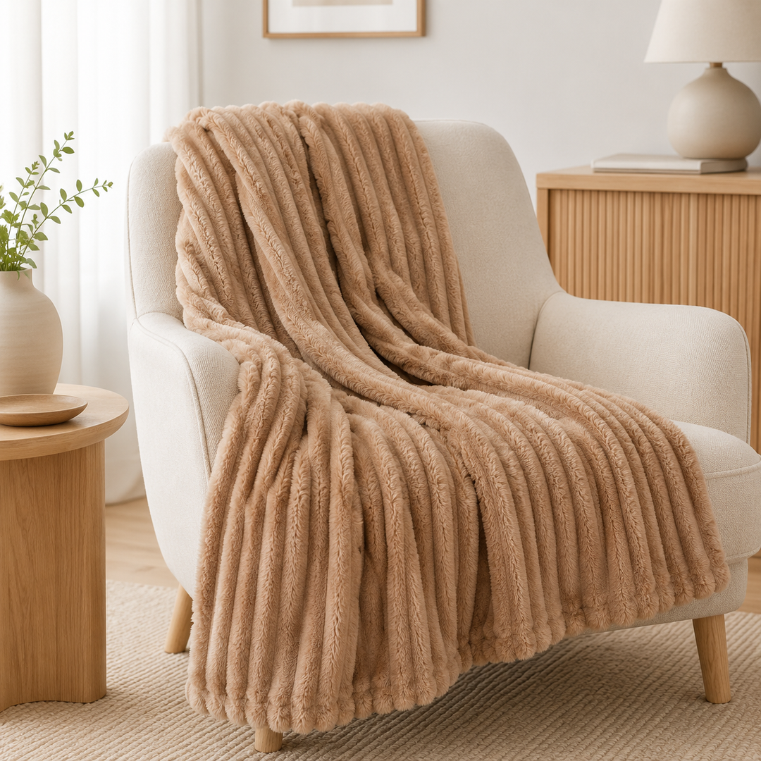Aarniva Soft Flannel Throw Blanket | Ribbed Texture | Ultra-Soft & Cozy | Camel Beige | 1-Piece