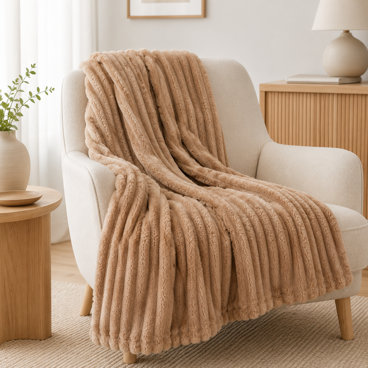 Aarniva Soft Flannel Throw Blanket | Ribbed Texture | Ultra-Soft & Cozy | Camel Beige | 1-Piece