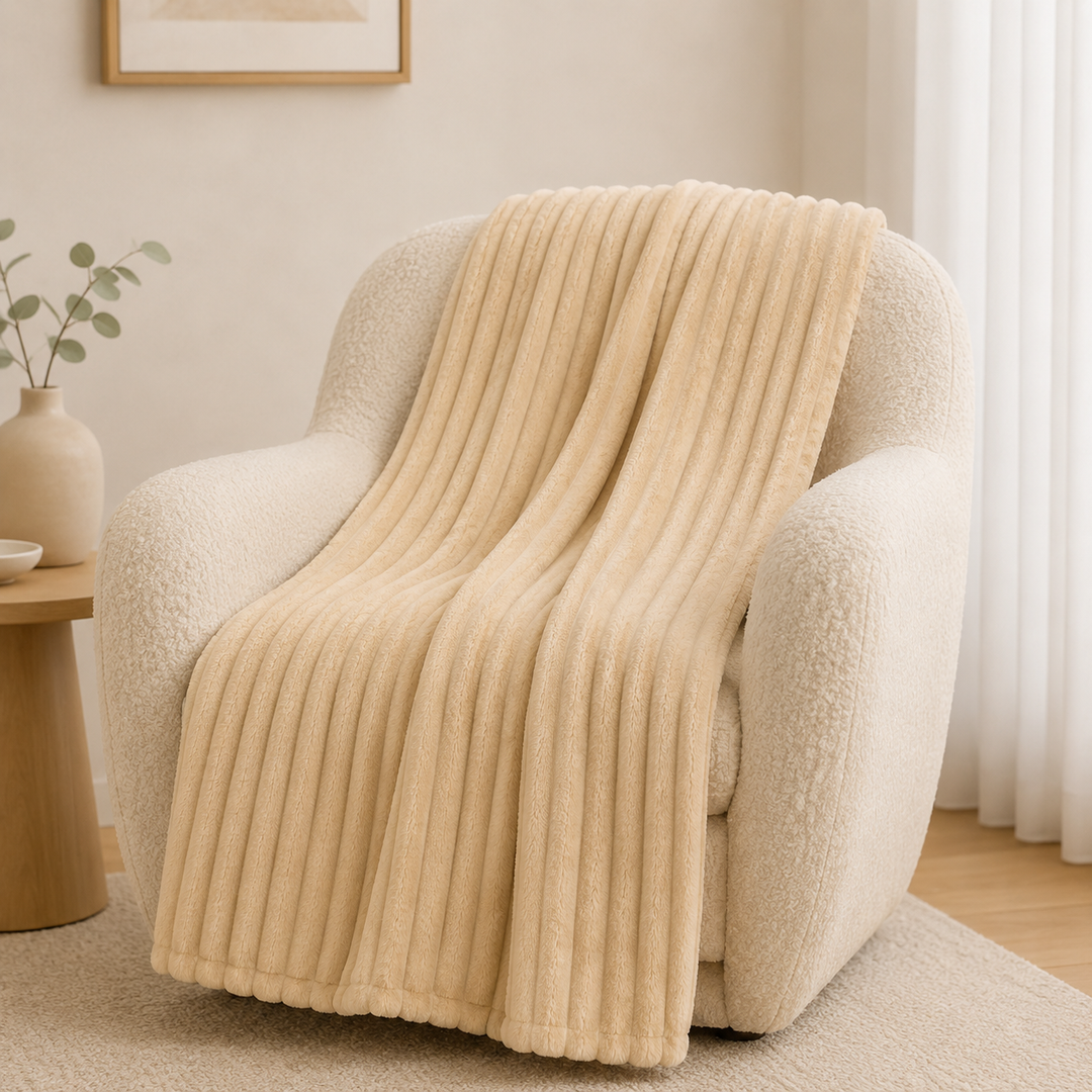 Aarniva Soft Flannel Throw Blanket | Ribbed Texture | Ultra-Soft & Cozy | Cream Beige | 1-Piece