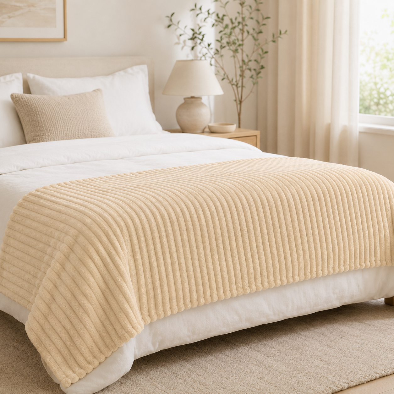 Aarniva Soft Flannel Throw Blanket | Ribbed Texture | Ultra-Soft & Cozy | Cream Beige | 1-Piece