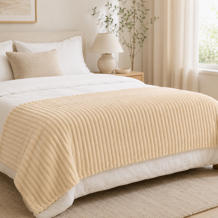 Aarniva Soft Flannel Throw Blanket | Ribbed Texture | Ultra-Soft & Cozy | Cream Beige | 1-Piece