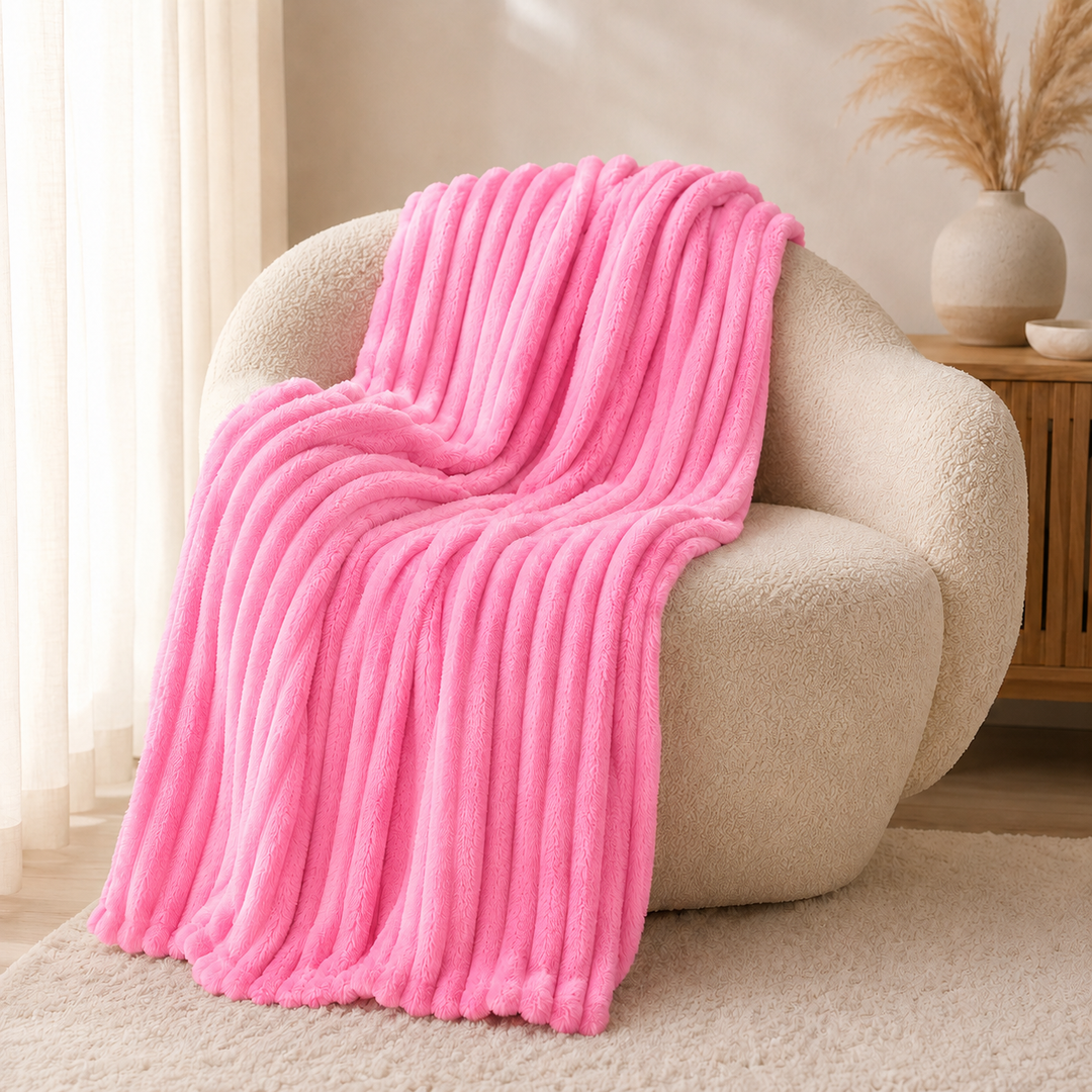 Aarniva Soft Flannel Throw Blanket | Ribbed Texture | Ultra-Soft & Cozy | Bright Pink | 1-Piece
