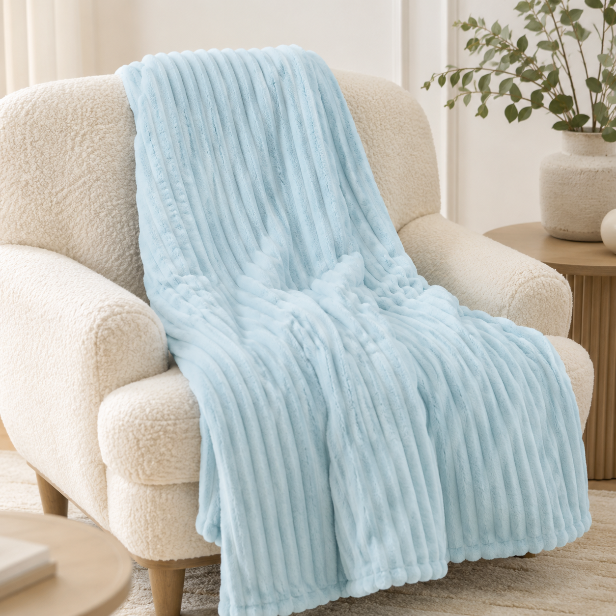 Aarniva Soft Flannel Throw Blanket | Ribbed Texture | Ultra-Soft & Cozy | Ice Blue | 1-Piece