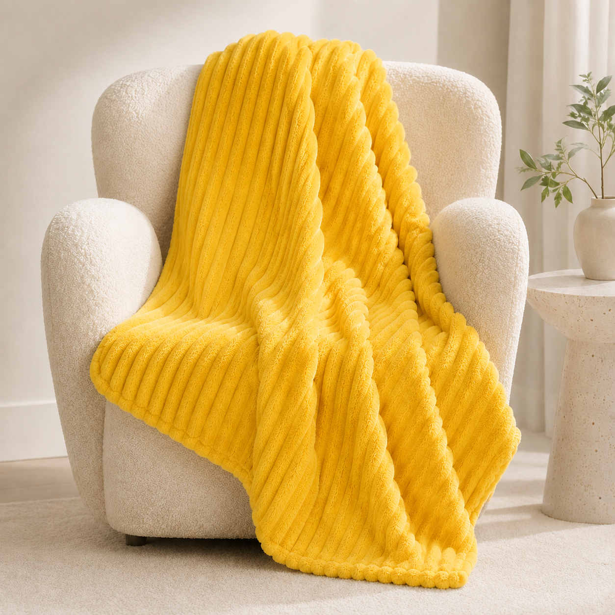 Aarniva Soft Flannel Throw Blanket | Ribbed Texture | Ultra-Soft & Cozy | Sunshine Yellow | 1-Piece