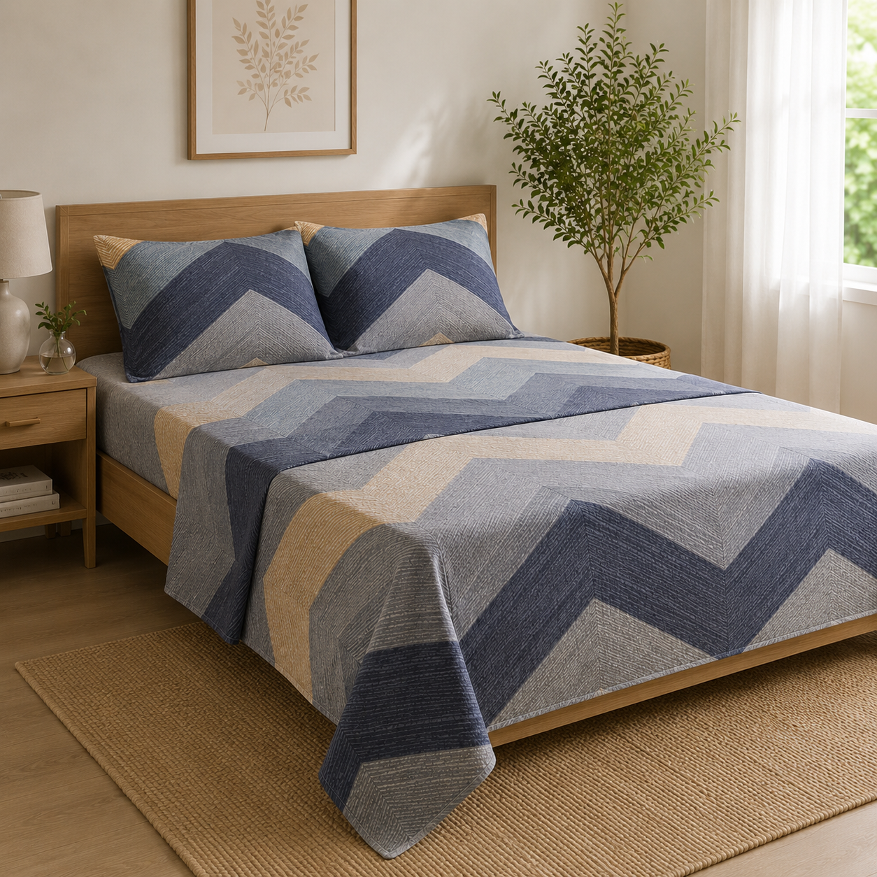 Aarniva Polyester Bedsheet Set | King/Queen | Soft & Breathable | Modern Chevron | 4-Piece Set