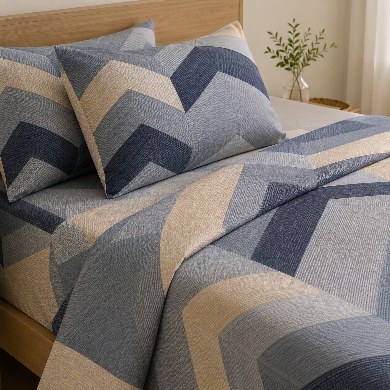Aarniva Polyester Bedsheet Set | King/Queen | Soft & Breathable | Modern Chevron | 4-Piece Set