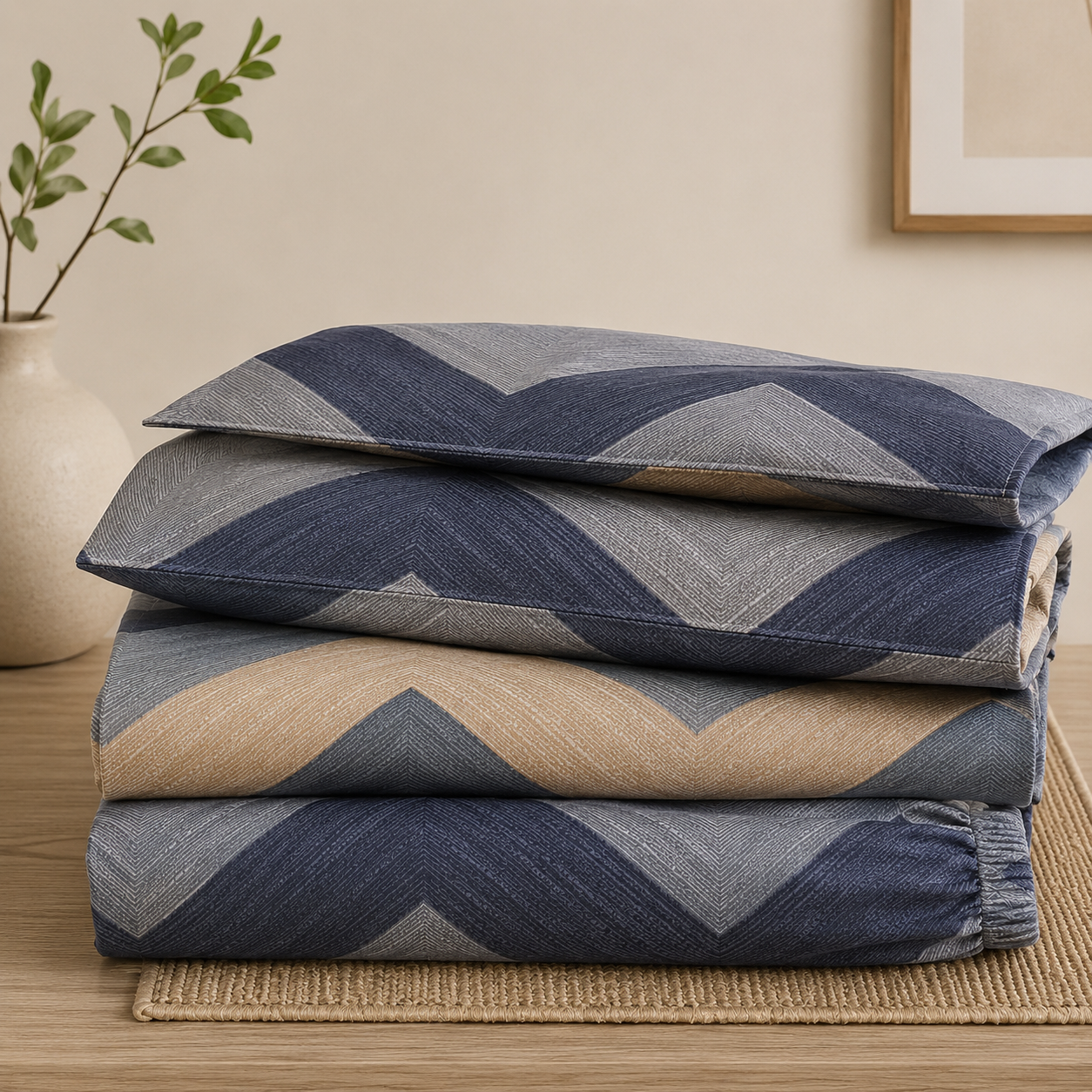 Aarniva Polyester Bedsheet Set | King/Queen | Soft & Breathable | Modern Chevron | 4-Piece Set
