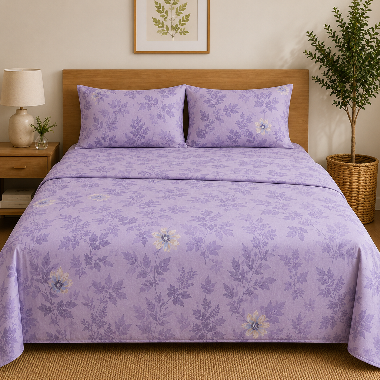 Aarniva Polyester Bedsheet Set | King/Queen | Soft & Breathable | Lavender Meadow | 4-Piece Set