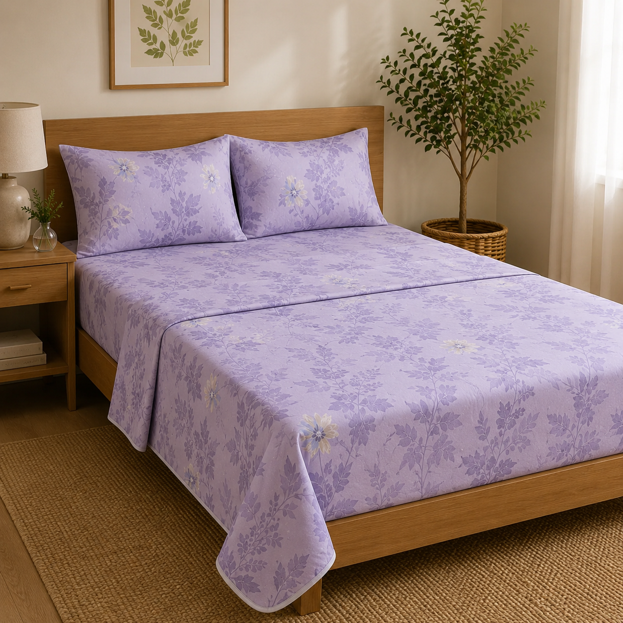 Aarniva Polyester Bedsheet Set | King/Queen | Soft & Breathable | Lavender Meadow | 4-Piece Set