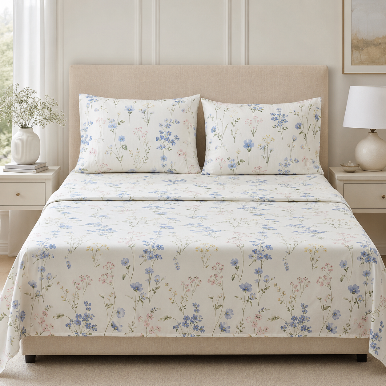 Aarniva Polyester Bedsheet Set | King/Queen | Soft & Breathable | Floral Whisper | 4-Piece Set
