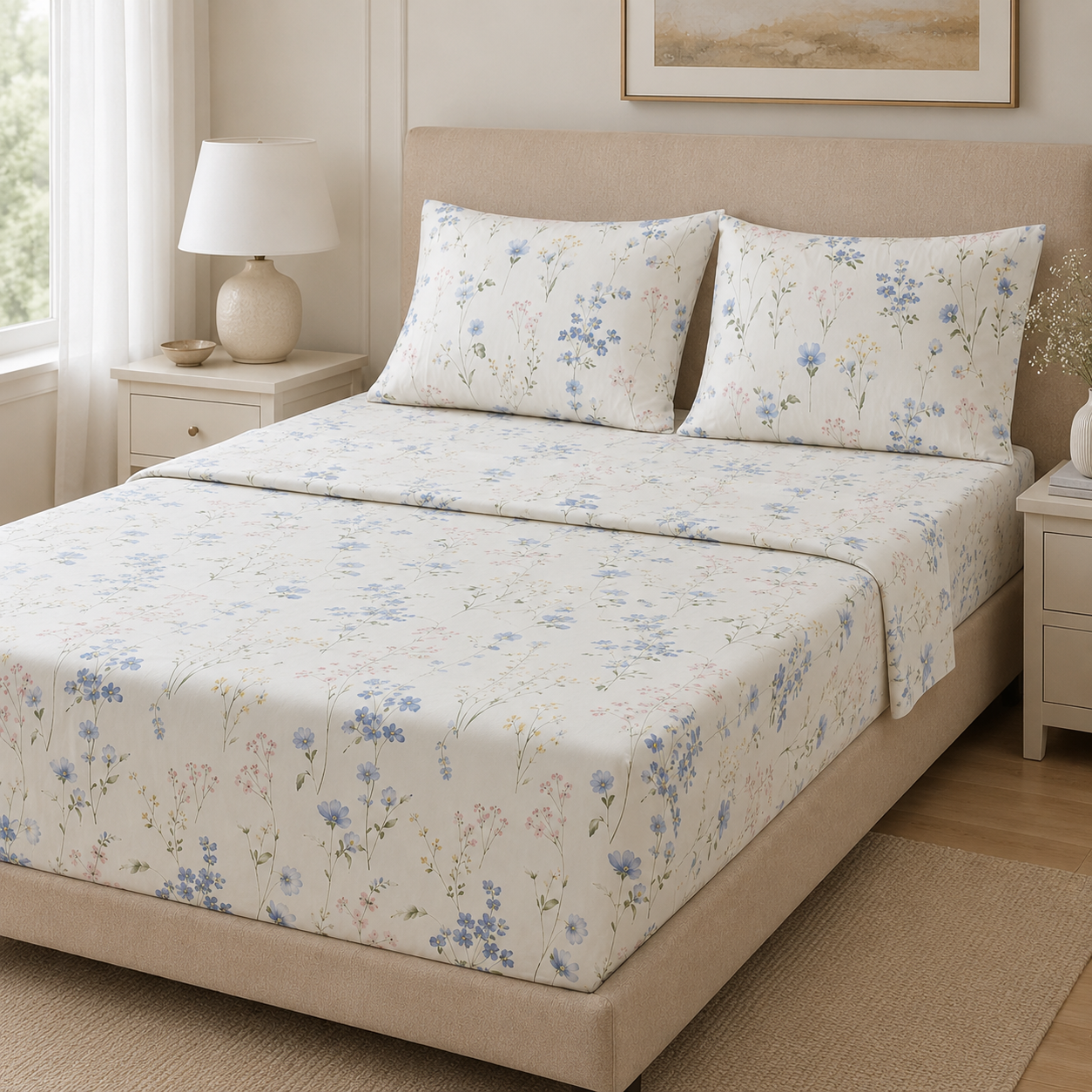 Aarniva Polyester Bedsheet Set | King/Queen | Soft & Breathable | Floral Whisper | 4-Piece Set