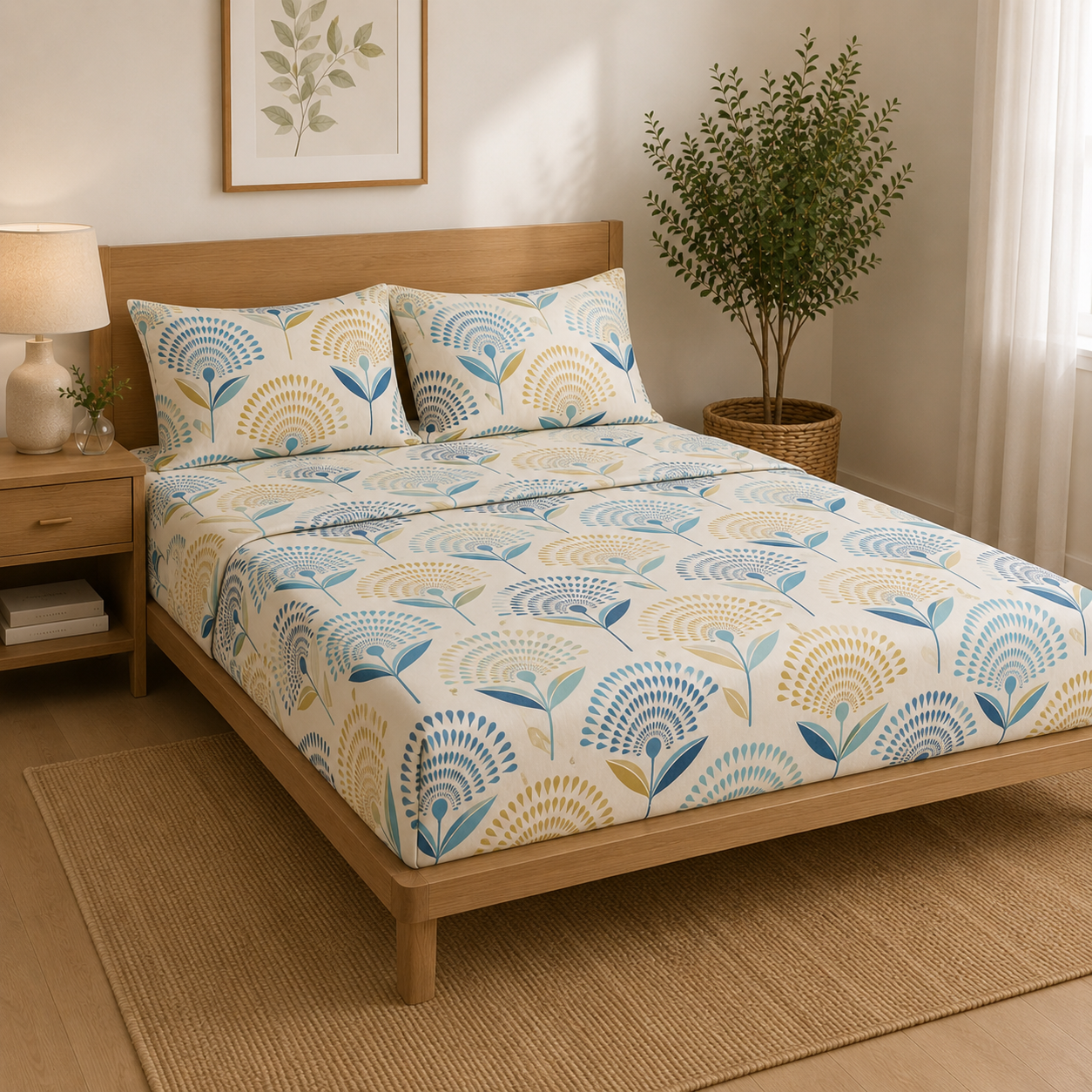 Aarniva Polyester Bedsheet Set | King/Queen | Soft & Breathable | Ocean Petals | 4-Piece Set