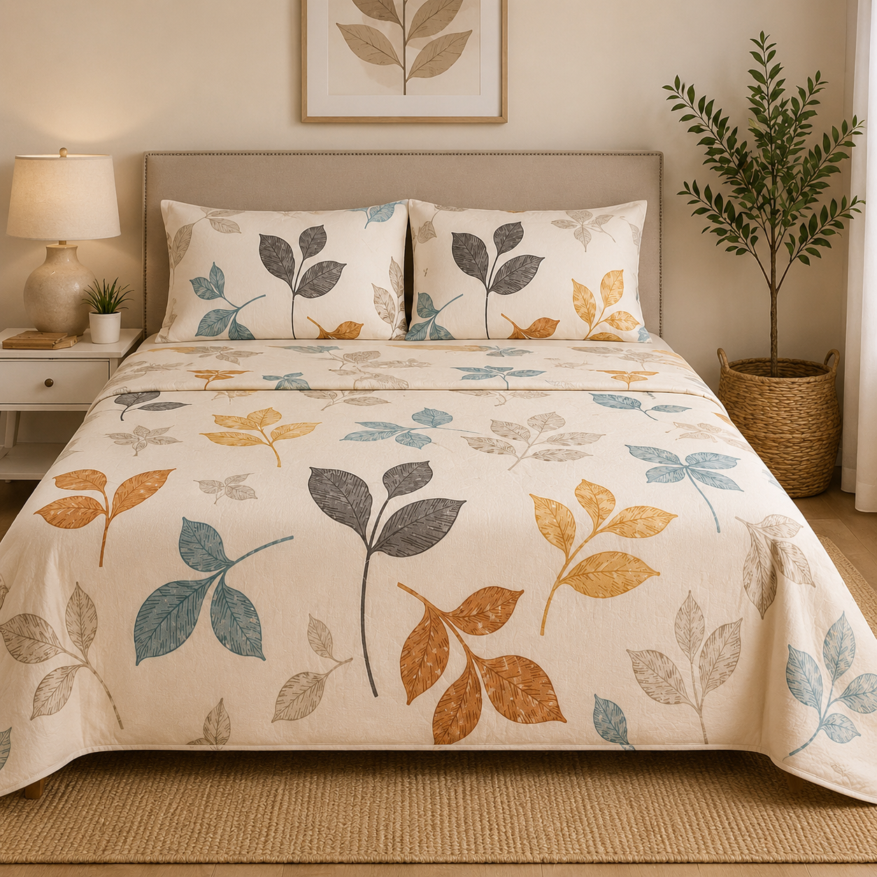 Aarniva Polyester Bedsheet Set | King/Queen | Soft & Breathable | Falling Leaves | 4-Piece Set