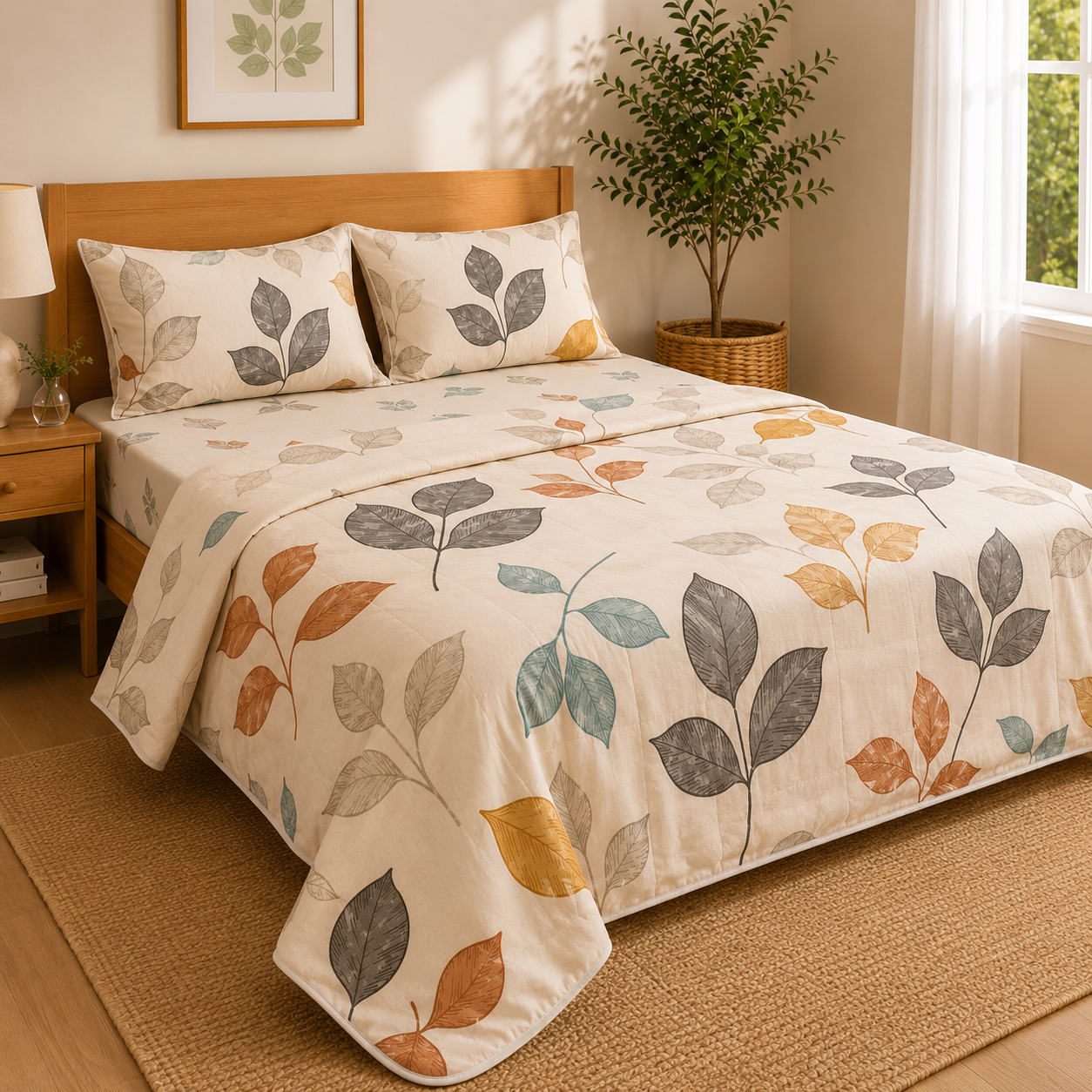 Aarniva Polyester Bedsheet Set | King/Queen | Soft & Breathable | Falling Leaves | 4-Piece Set