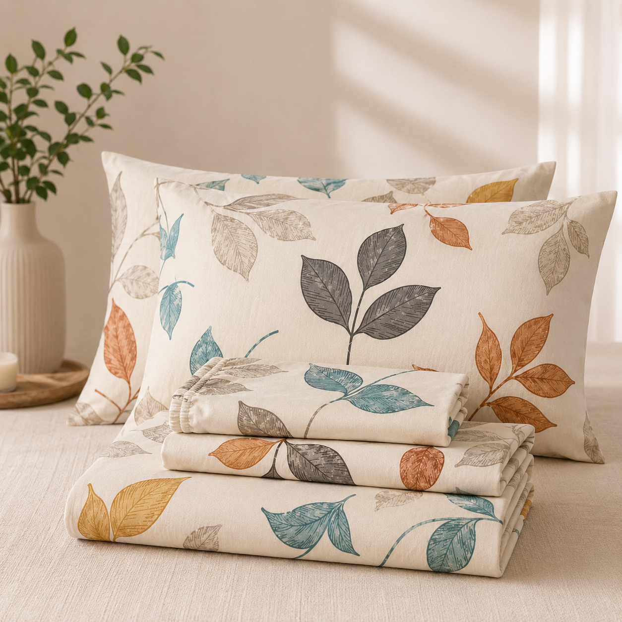 Aarniva Polyester Bedsheet Set | King/Queen | Soft & Breathable | Falling Leaves | 4-Piece Set