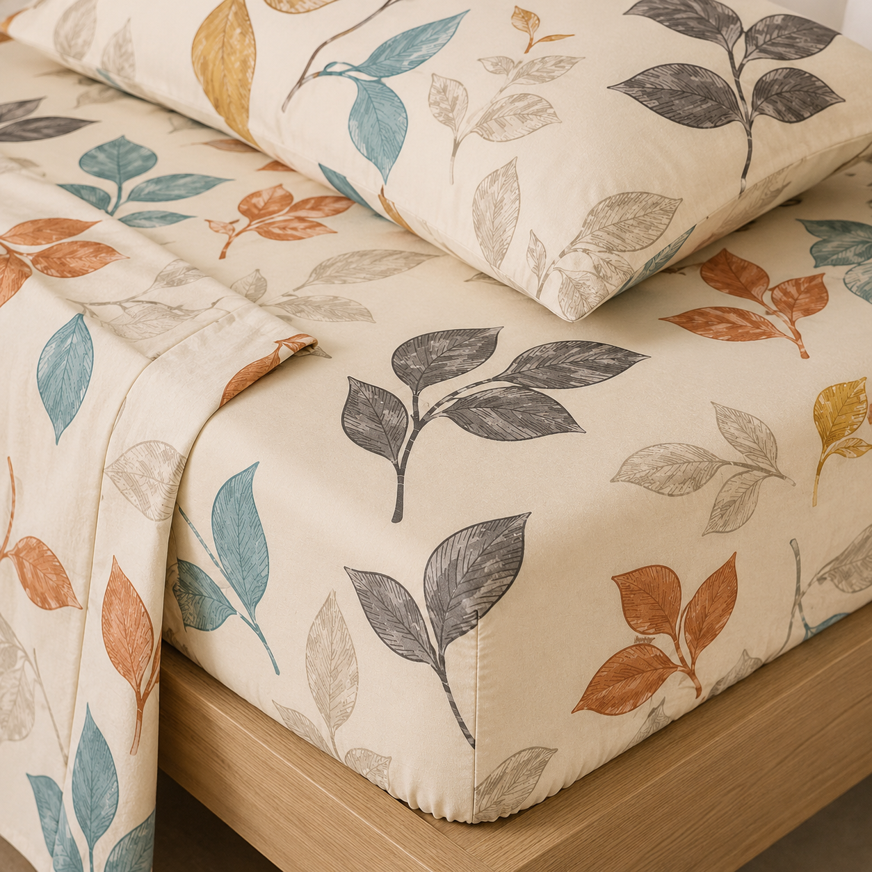 Aarniva Polyester Bedsheet Set | King/Queen | Soft & Breathable | Falling Leaves | 4-Piece Set