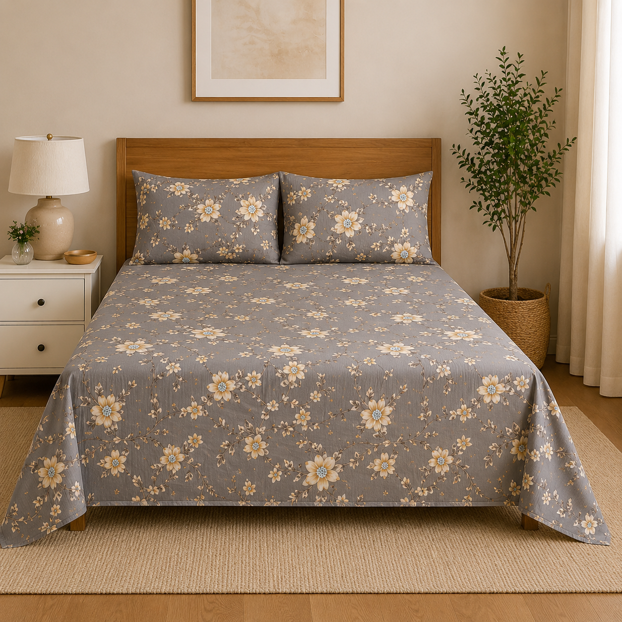 Aarniva Polyester Bedsheet Set | King/Queen | Soft & Breathable | Grey with White Flowers | 4-Piece Set