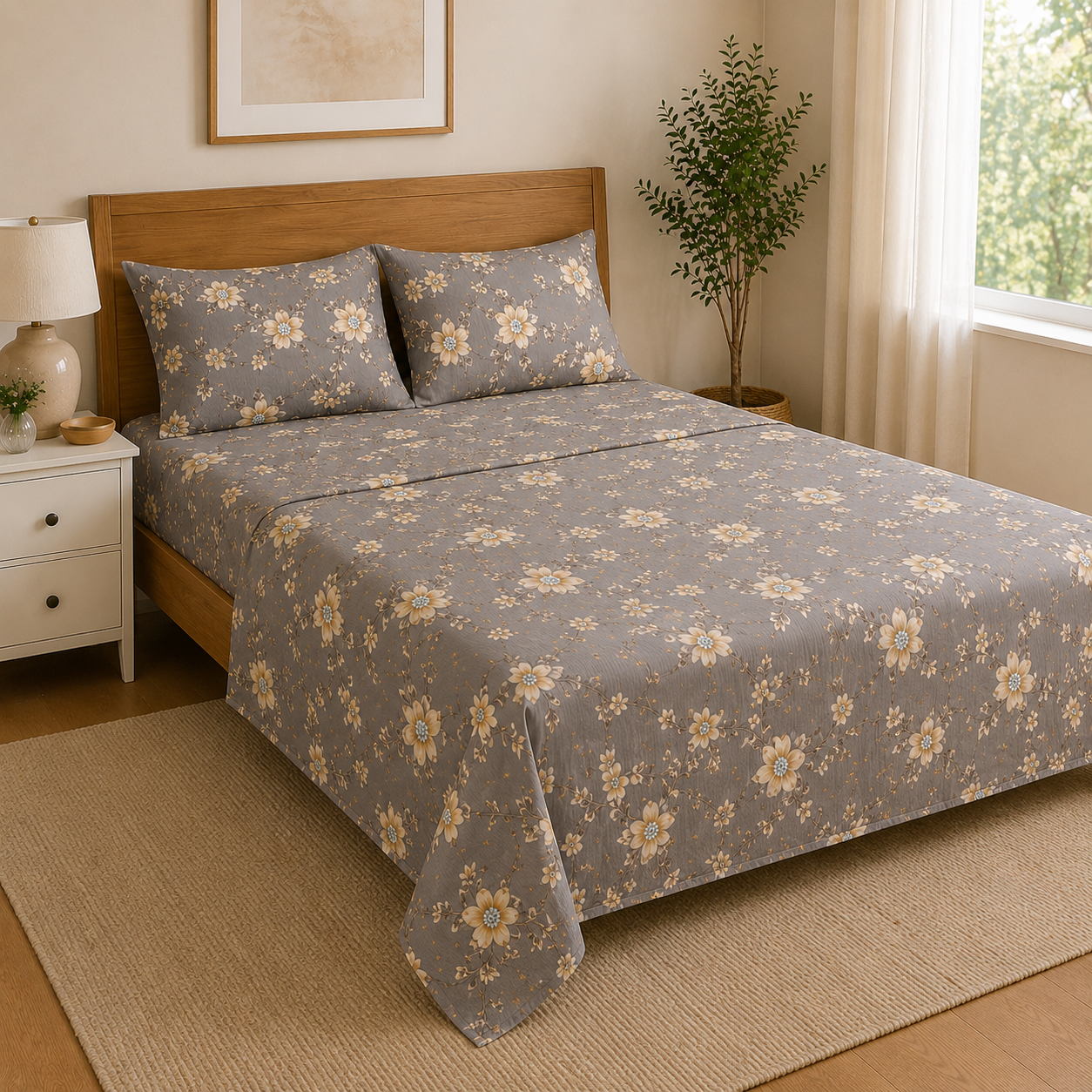 Aarniva Polyester Bedsheet Set | King/Queen | Soft & Breathable | Grey with White Flowers | 4-Piece Set