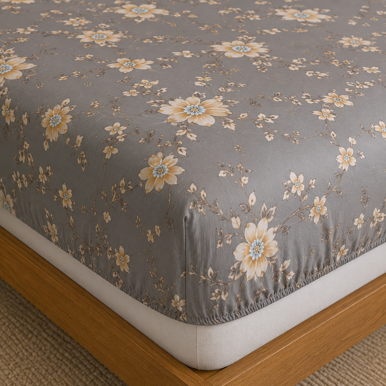 Aarniva Polyester Bedsheet Set | King/Queen | Soft & Breathable | Grey with White Flowers | 4-Piece Set