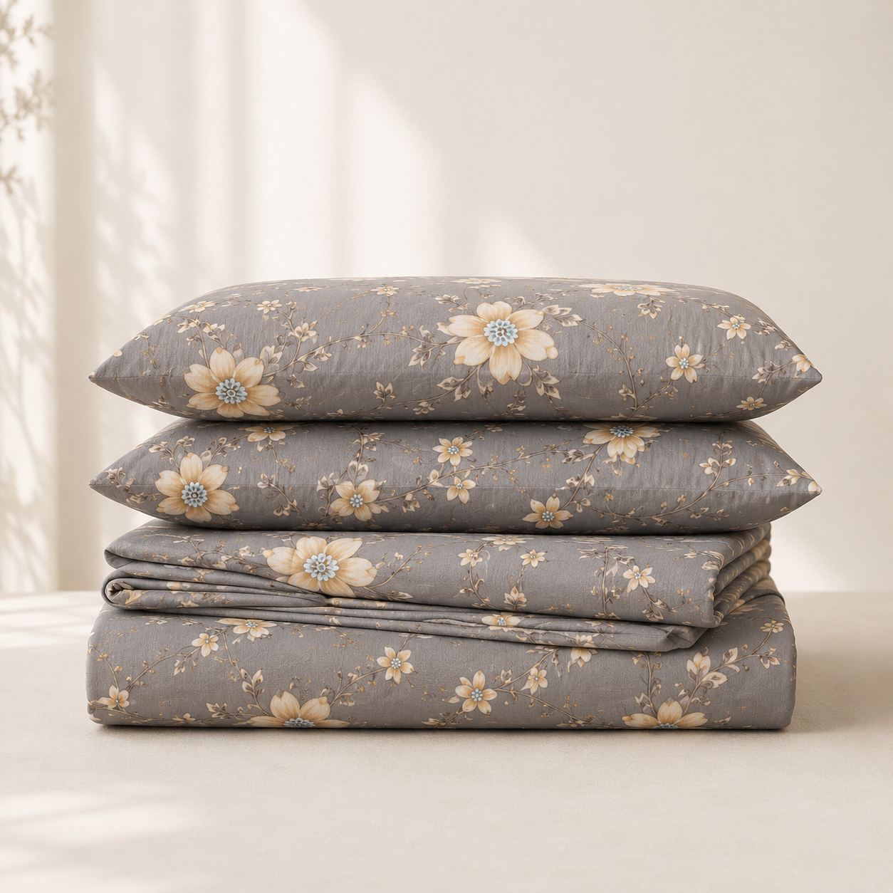 Aarniva Polyester Bedsheet Set | King/Queen | Soft & Breathable | Grey with White Flowers | 4-Piece Set