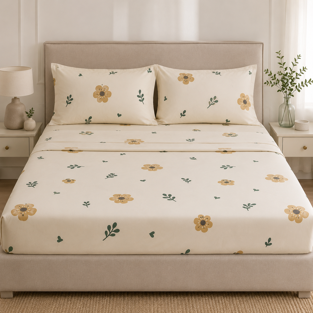 Aarniva Polyester Bedsheet Set | King/Queen | Soft & Breathable | Golden Bloom | 4-Piece Set