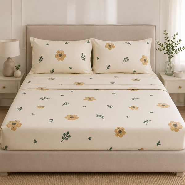 Aarniva Polyester Bedsheet Set | King/Queen | Soft & Breathable | Golden Bloom | 4-Piece Set