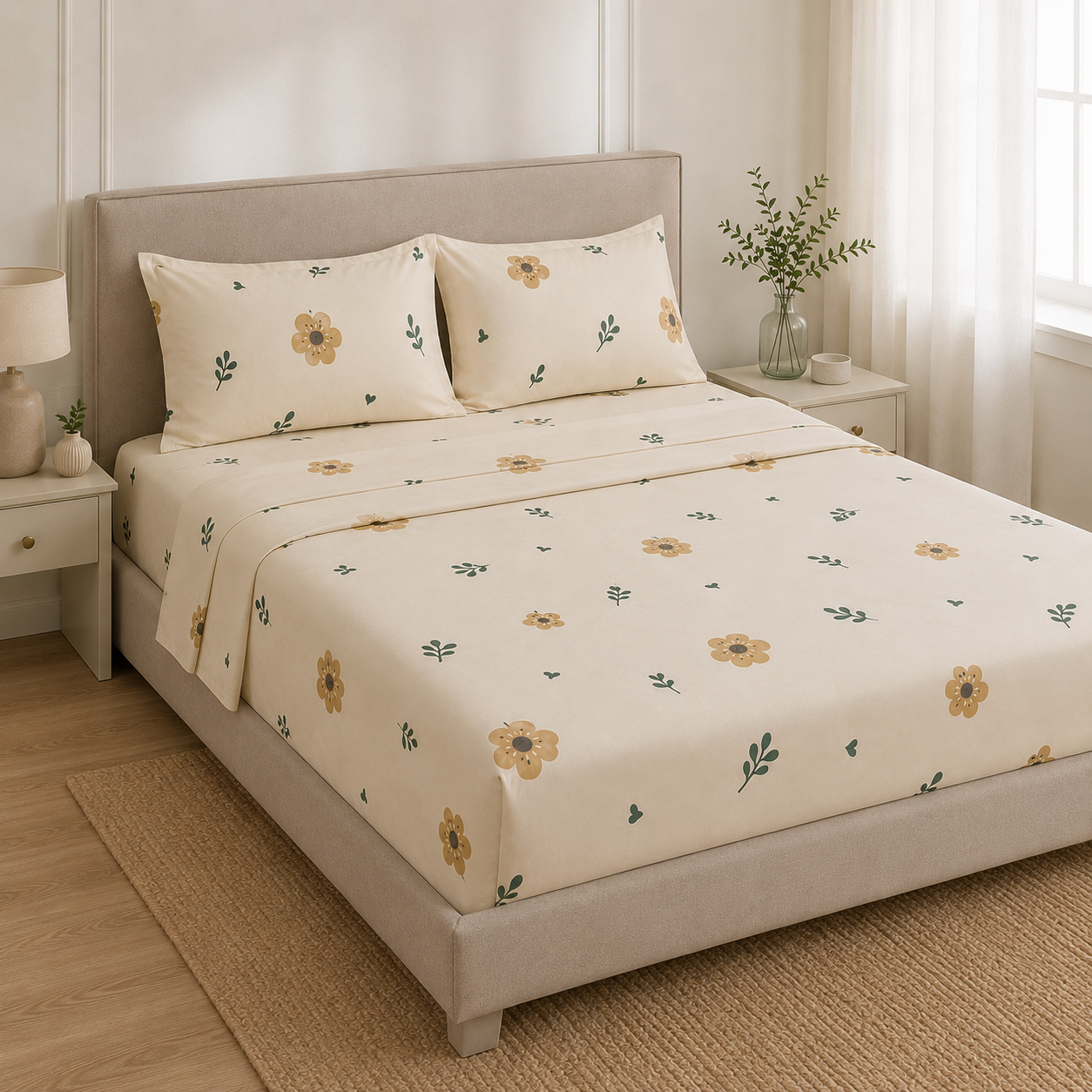 Aarniva Polyester Bedsheet Set | King/Queen | Soft & Breathable | Golden Bloom | 4-Piece Set