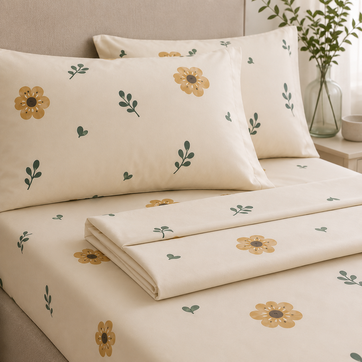 Aarniva Polyester Bedsheet Set | King/Queen | Soft & Breathable | Golden Bloom | 4-Piece Set