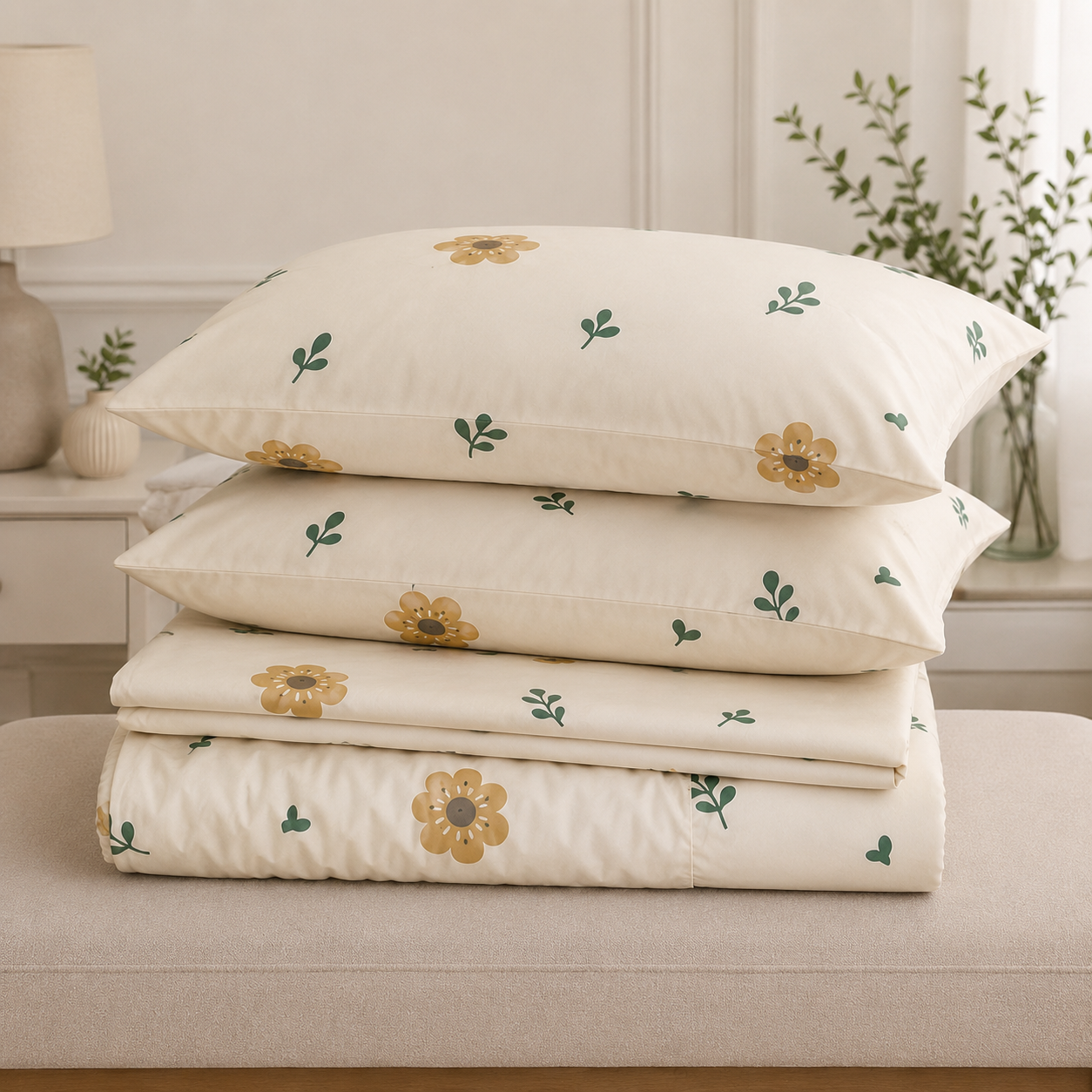 Aarniva Polyester Bedsheet Set | King/Queen | Soft & Breathable | Golden Bloom | 4-Piece Set
