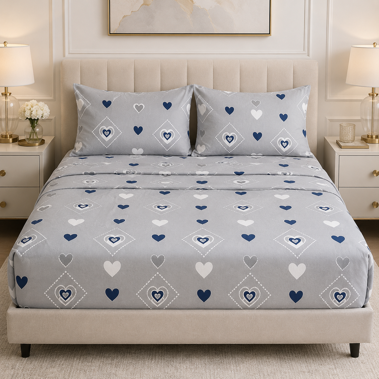 Aarniva Polyester Bedsheet Set | King/Queen | Soft & Breathable | Sweet Hearts | 4-Piece Set
