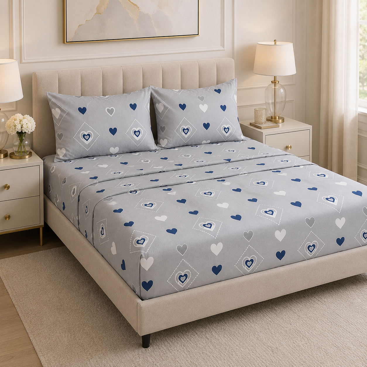 Aarniva Polyester Bedsheet Set | King/Queen | Soft & Breathable | Sweet Hearts | 4-Piece Set