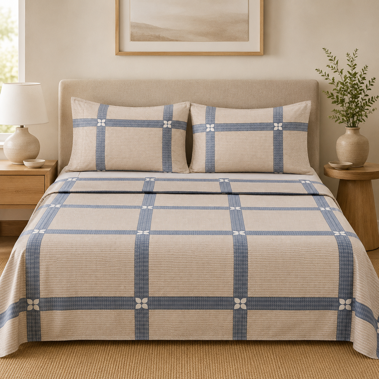 Aarniva Polyester Bedsheet Set | King/Queen | Soft & Breathable | Stone Grid | 4-Piece Set