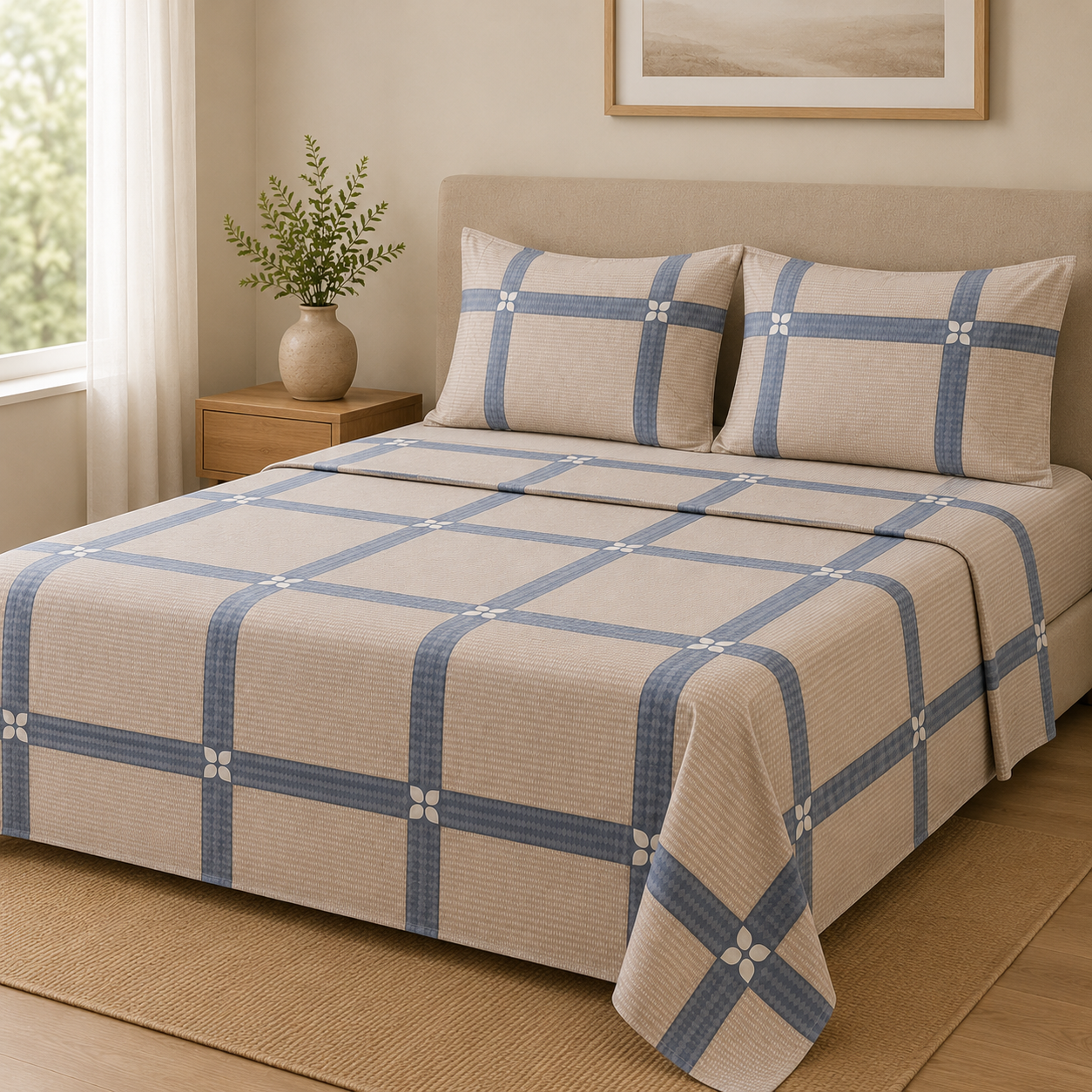 Aarniva Polyester Bedsheet Set | King/Queen | Soft & Breathable | Stone Grid | 4-Piece Set