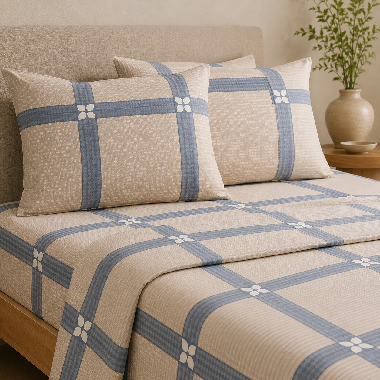 Aarniva Polyester Bedsheet Set | King/Queen | Soft & Breathable | Stone Grid | 4-Piece Set