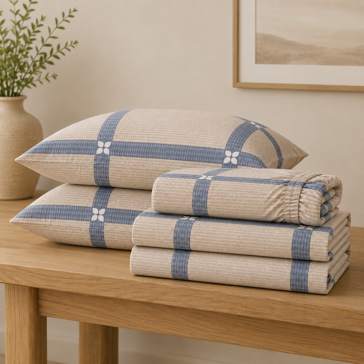Aarniva Polyester Bedsheet Set | King/Queen | Soft & Breathable | Stone Grid | 4-Piece Set
