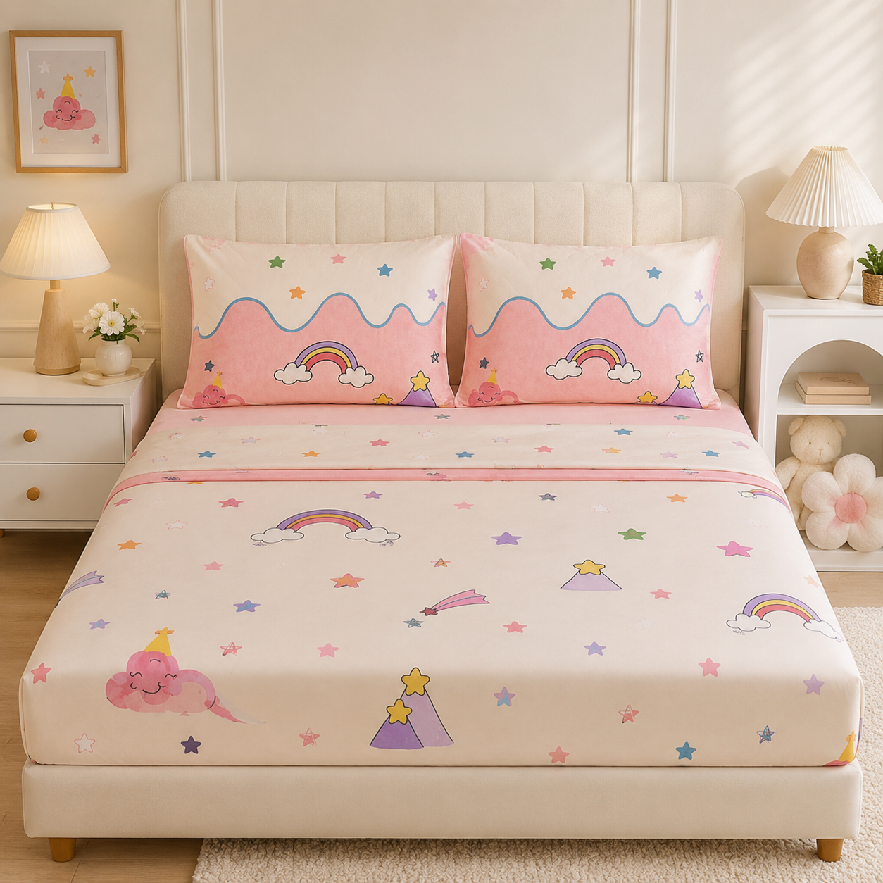 Aarniva Polyester Bedsheet Set | King/Queen | Soft & Breathable | Pink Skies | 4-Piece Set