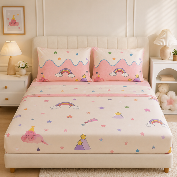 Aarniva Polyester Bedsheet Set | King/Queen | Soft & Breathable | Pink Skies | 4-Piece Set