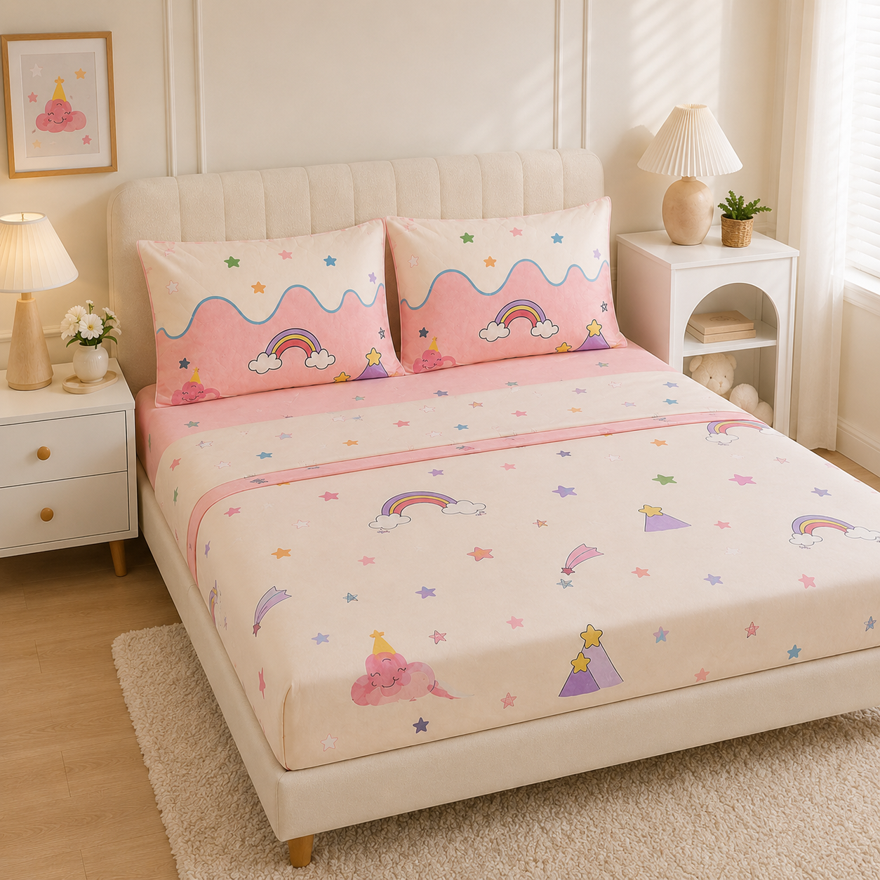 Aarniva Polyester Bedsheet Set | King/Queen | Soft & Breathable | Pink Skies | 4-Piece Set