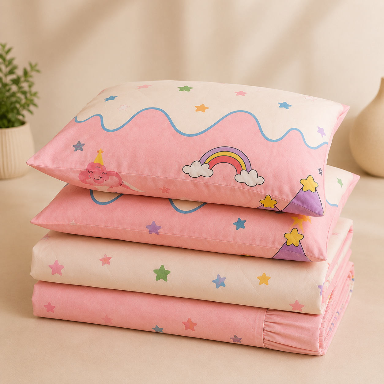 Aarniva Polyester Bedsheet Set | King/Queen | Soft & Breathable | Pink Skies | 4-Piece Set