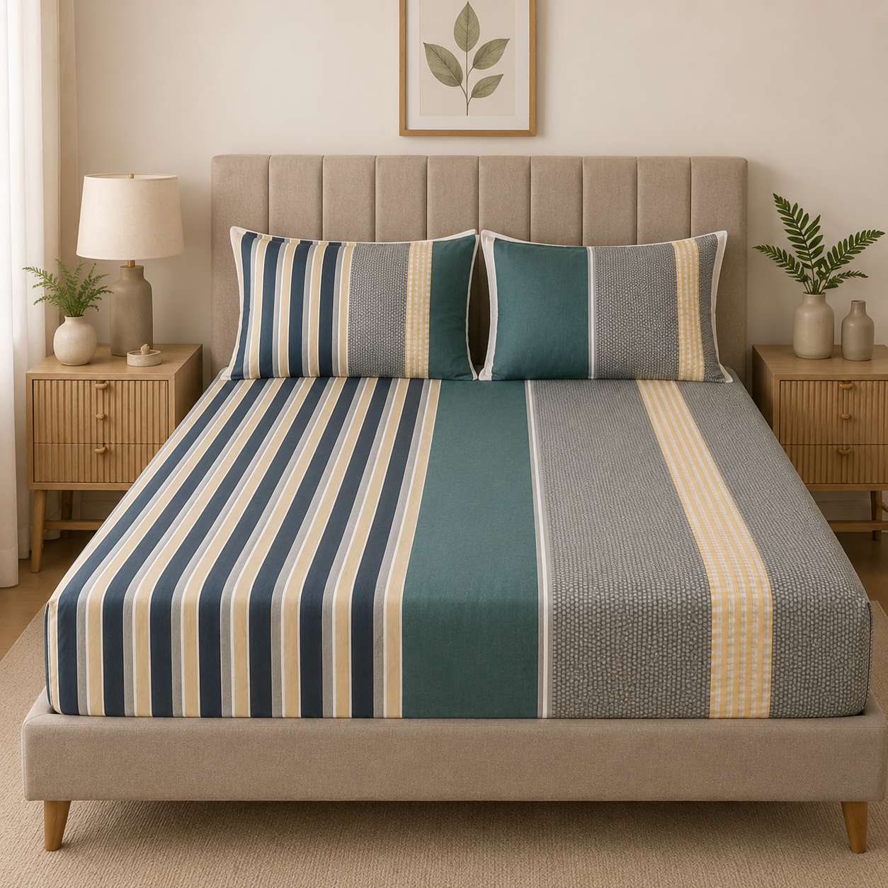 Aarniva Polyester Bedsheet Set | King/Queen | Soft & Breathable | Modern Stripe | 4-Piece Set