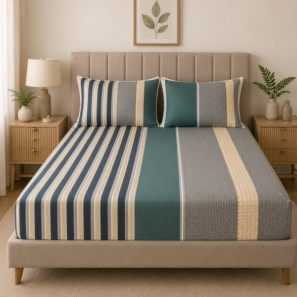 Aarniva Polyester Bedsheet Set | King/Queen | Soft & Breathable | Modern Stripe | 4-Piece Set