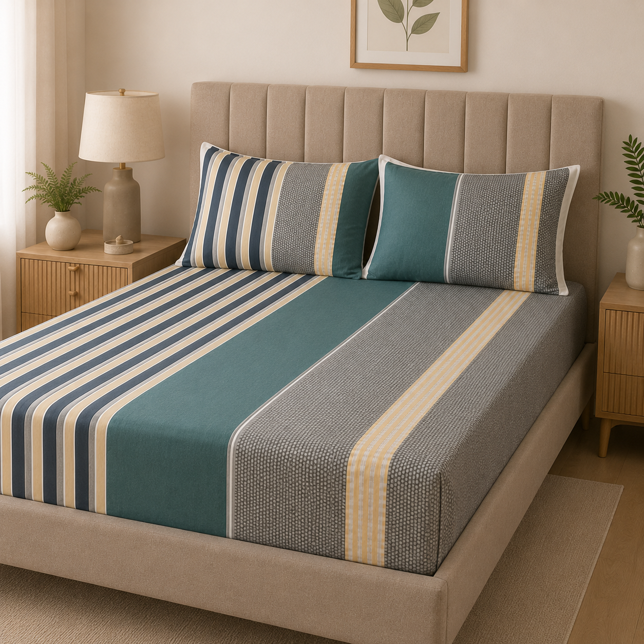 Aarniva Polyester Bedsheet Set | King/Queen | Soft & Breathable | Modern Stripe | 4-Piece Set