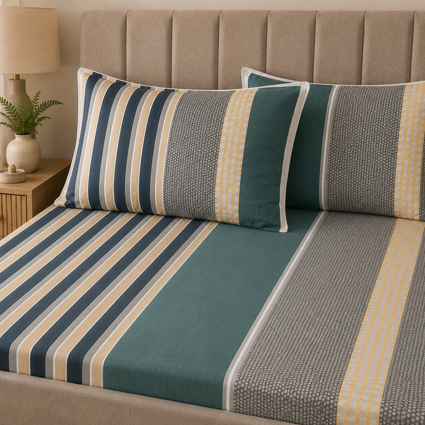 Aarniva Polyester Bedsheet Set | King/Queen | Soft & Breathable | Modern Stripe | 4-Piece Set