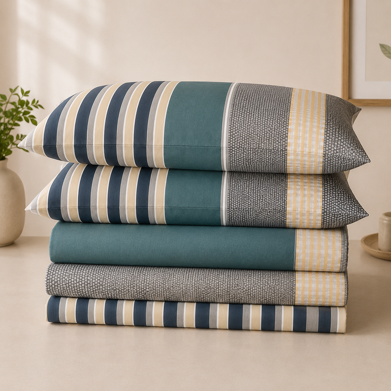 Aarniva Polyester Bedsheet Set | King/Queen | Soft & Breathable | Modern Stripe | 4-Piece Set