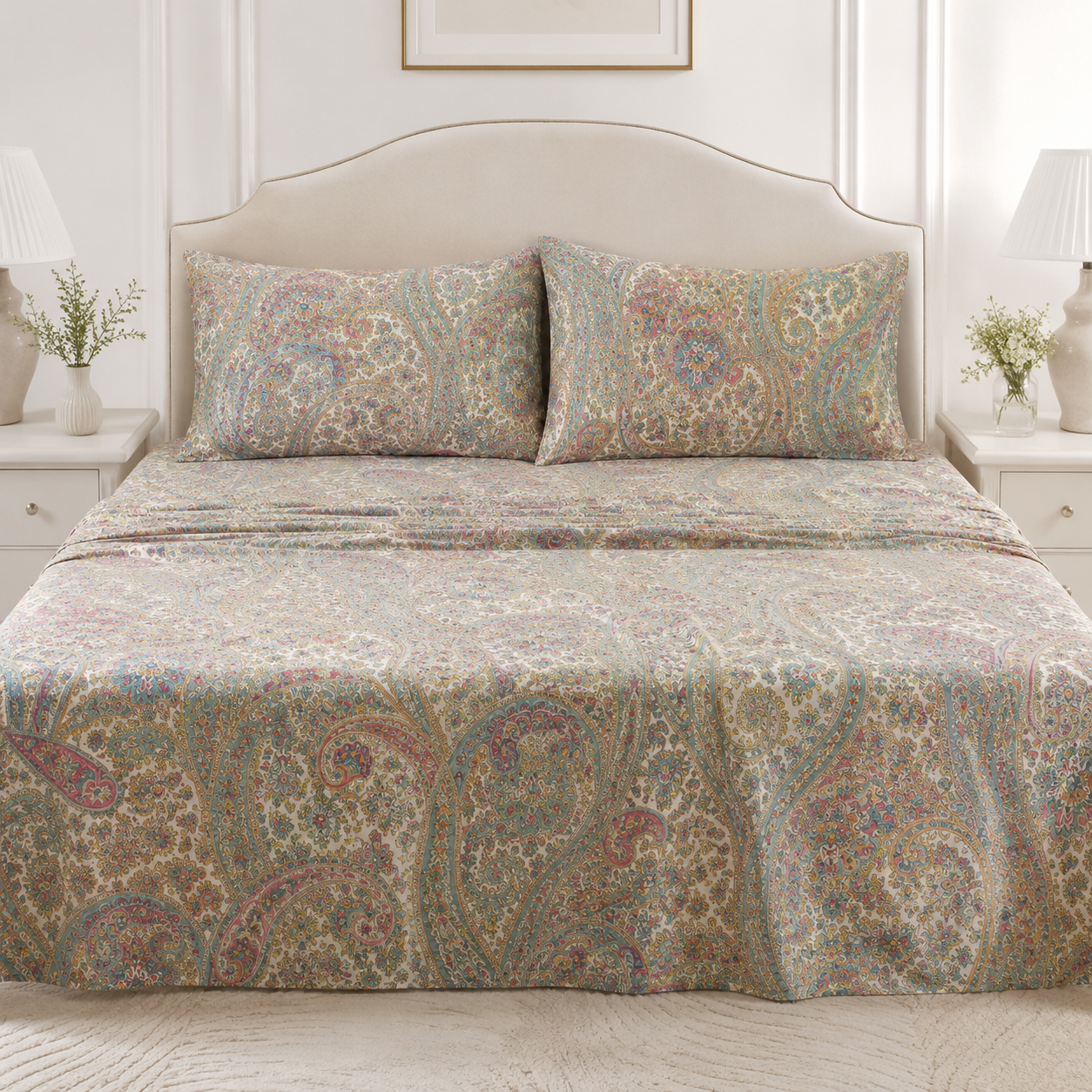 Aarniva Polyester Bedsheet Set | King/Queen | Soft & Breathable | Pastel Paisley | 4-Piece Set